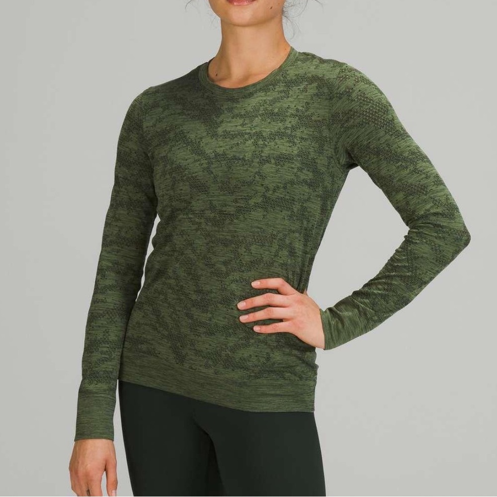 Lululemon Dot Scape Rainforest Green Twill Swiftly Breathe Long Sleeve size 14
